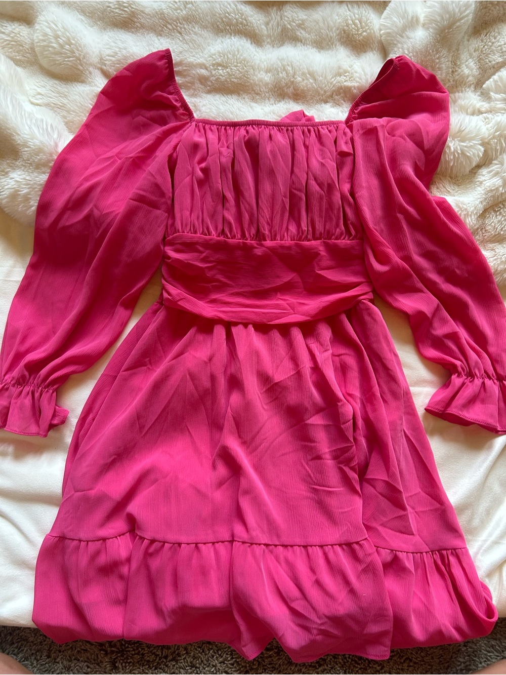 Amazon Girls Pink Puff-Sleeve Ruffle Hem Dress